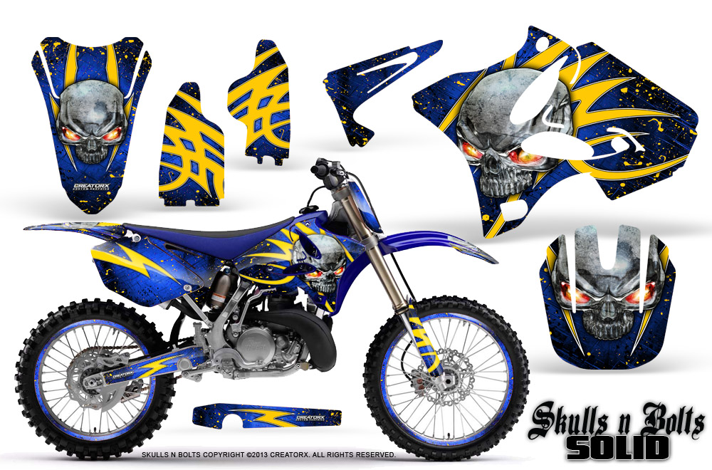 Yamaha YZ125-YZ250 02-12 Graphics Kit Skulls n Bolts Solid Yellow Blue NP Rims